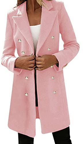 PAIDAXING Trench épais pour femme coupe ajustée double boutonnage manteau en laine décontracté à manches longues mi-long manteau d'hiver automne coupe-vent veste polaire, rose, L