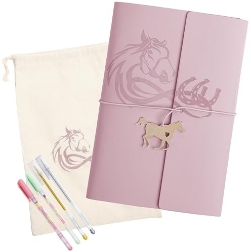 Cantik 7PCS Horse Journal Notebook 130 Sheets (260 Pages) With 4 Pens, Horse Charm, Muslin Cotton Pouch & Secret Pen Pocket. Refillable Journal Ideal For Writing, Drawing & Scrapbooking (Pink)