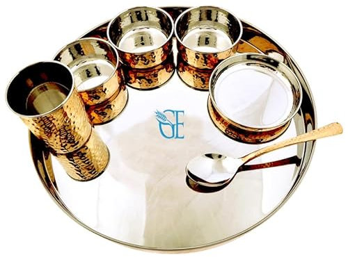 GRAINEX ENGINEER Stainless Steel Copper Hammered Finish Dinner Set of 1 Thali, 3 Bowl, 1 Water Glass, 1 Dessert Spoon, 1 Sweet Dish (Thali Diameter 13 inch) Set of 1