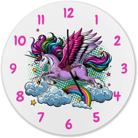 speecheese Einhorn mit bunter Mähne Wanduhr Fliegendes Einhorn Fabelwesen Mythische Kreatur mit Schwingen Magische Wanduhr Himmelsmotiv Mädchenuhr Kinderzimmer