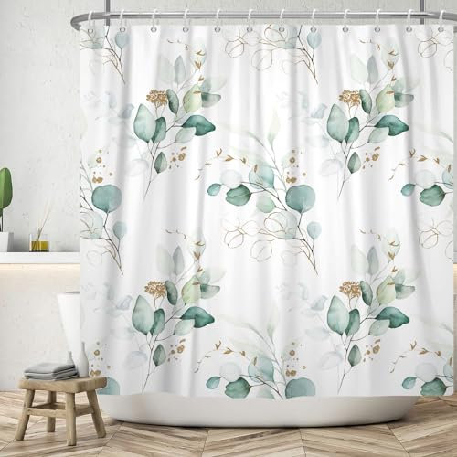 ASDCXZ Blätter Duschvorhang 180x200 cm, Frühling Grün Gold Eukalyptusblätter Pflanzen Bad Waschbar Duschvorhänge Badevorhang Polyester Textil Wasserdicht Duschvorhang für Badewanne mit 12 Haken