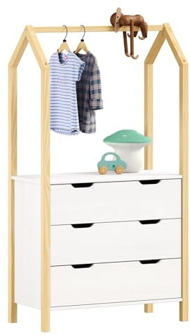 IDIMEX Kinderzimmer Kommode Amira mit Kleiderstange in Hausform - Natur/weiß, 3 Schubladen, integrierte Kleiderstange, Stauraum für Kleidung, Spielzeug, Bücher, Kiefernholz