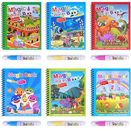 Realjoy 6 Stück Wiederverwendbar wasser malbuch mit 6 malbuch wasserstift, wassermalbuch, malen mit wasser reise spielzeug, malbuch mit wasserstift，Geschenke für Kinder
