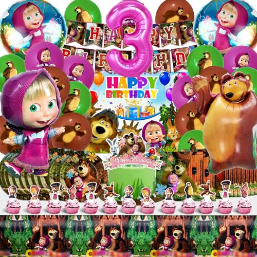 Masha Compleanno 3 Anni - Set Stoviglie, Addobbi, Palloncini, Sfondo e Kit Compleanno Bambina