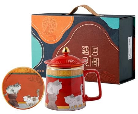 CAPIJIONG Tazza in ceramica da 450 ml, con coperchio, colino da tè, tazza in ceramica per caffè e latte, la città proibita e i gatti, confezione regalo
