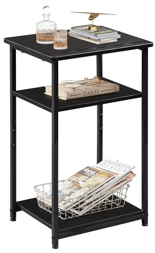 WLVE 3-Tier Side Table with Steel Frame, Adjustable Feet, 19kg Top Shelf Capacity, 56 x 37 x 31cm, End Table for Living Room, Bedroom, Office, Embossed Black