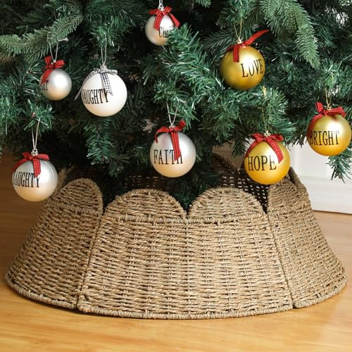 Vertintong Gewebte Jakobsmuschel Weihnachtsbaumkragen Rattan Weihnachtsbaum Ring Bauernhaus Natürlich Gewebt Rustikale Basis Abdeckung Rock für Weihnachtsbaum Dekoration