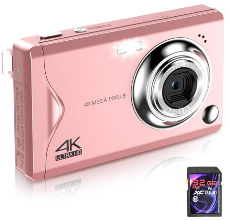 Fotocamera digitale, fotocamera 1080 FHD 48 MP, fotocamera compatta AutoFocus 4K con scheda da 32 GB, portatile, zoom digitale 16X, per adolescenti, adulti, principianti, ragazze, ragazzi (rosa)