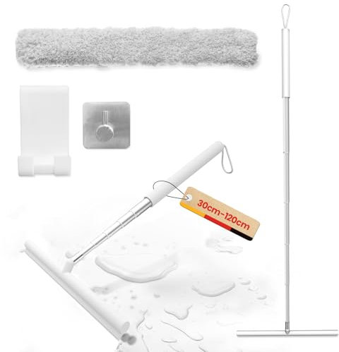 Duschabzieher Langer Stiel, Fensterwischer und Fensterabzieher 2 in 1, Abzieher Dusche Boden, 120CM Teleskopstange Wasserschieber Bodenabzieher, Fensterreinigungsset, Glaswischer für Dusche (Weiß)