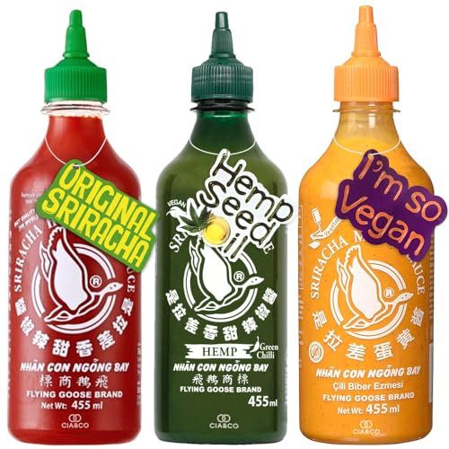 Pack degustación Salsas de chile Picante Sriracha Original () + Sriracha Mayo Spice () + Siracha Green Cañamo Oil Edición Limitada () by Flying Goose. (3 x 455 ml)