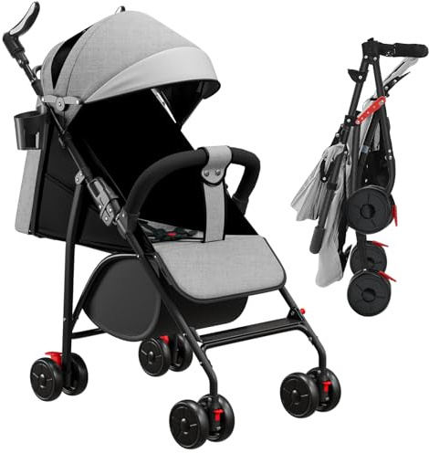MLYIQI Kinderwagen, 0-4 Jahre, 0-22 kg, leichter und kompakter Kinderwagen, neigbarer Rückenlehne, 5-Punkte-Gurt, faltbarer Reise-Kinderwagen mit Vordach und Moskitonetz, rutschfeste Räder