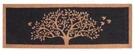 Extra Long Printed Coir Doormat 40x125cm Non-Slip Backing Large Natural Runner for Hallway Entrance Indoor Outdoor Dirt Trapping Heavy Duty Coconut Fibre Mat [Tree of Life Black]