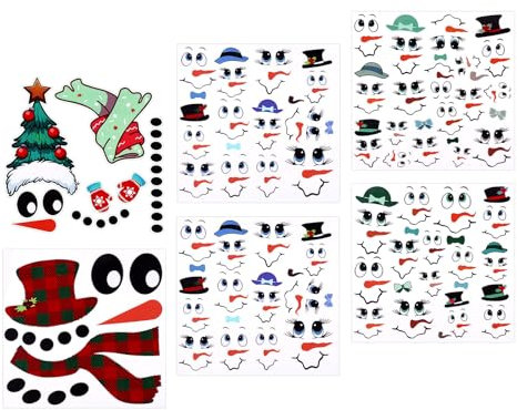 57stk/6 Blätter Schneemann-Gesichtsaufkleber für Weihnachtsschmuck, Verschiedene Schneemann-Gesichtsaufkleber für Weihnachtskugeln Glas Fenster Tassen Heimwerkerarbeiten Partydekoration