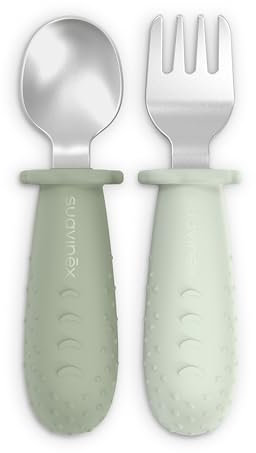 Suavinex, Couverts d'Apprentissage Bébé, Pack Cuillère et Fourchette en Acier Inox, Manche en Silicone Antidérapant, Ergonomiques, Sûrs, BLW, Bébés +6 Mois, Passe Lave-Vaisselle, Vert