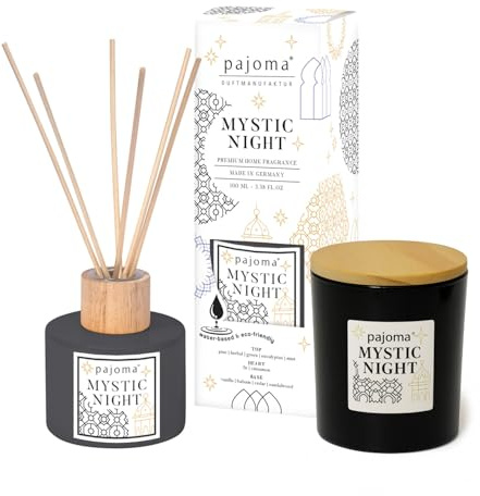 pajoma® Raumduft & Duftkerze Set Mystic Night Raumduft Diffuser 100 ml & Kerze 140 g im Glas mit Holzdeckel | Duftset mit Eukalyptus, Minze & Sandelholz | Elegante Geschenkidee & Luxus-Deko