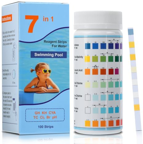 7 in 1 Pool Teststreifen für Spa, Aideepen 100 Stäbchen Wassertest-Set, Genau Pool Tester für Freies Chlor, pH, Brom, Härte, Gesamtalkali, Cyanursäure, Gesamtchlor