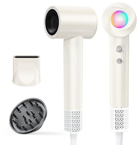 Ionen Föhn mit Diffusor - Haartrockner Schnelles Trocknend 150.000 U/min, Fön mit 500 Mio. Negative Ionen, 8 Temperatur-Stufen mit LED, für Locken/Dicke Haare, Reisen, Zuhause, Salon, Beige