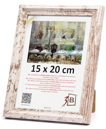 3-B Bilderrahmen MORI - Vintage-Weiß (Rustical mit sichtbarer Holzmaserung) - 15x20 cm - Holzrahmen, Fotorahmen, Portraitrahmen mit Acrylglas