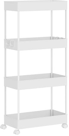 Klihome Carrito Auxiliar con Ruedas, Carro de Cocina de 4 Estantes, Carrito Estrecho con 4 Ganchos, Estanteria con Ruedas para Cocina, Baño y Lavanderia, 39x20,5x84 cm, Blanco