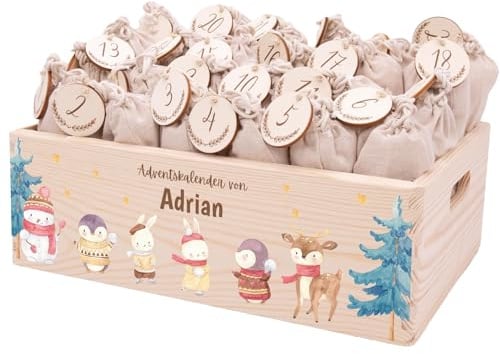 Minihelden - Personalisierter Adventskalender 2025 aus Holz | Nachhaltige Adventskiste zum Befüllen mit Geschenktüten & Holzzahlen | Wiederverwendbare Weihnachtsdeko für Kinder & kleine Entdecker