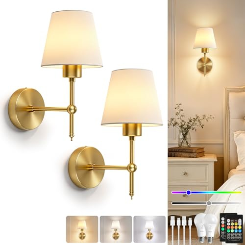 Dehobo Applique da Parete Ricaricabili LED con Batteria, Oro Lampade da Parete per Camera da Letto, Applique da Parete Interno con a Distanza, 3 Colori Luminosità con 12 Colori RGB per Soggiorno Scale