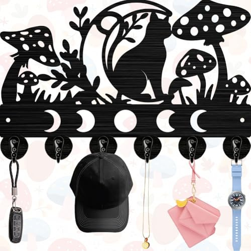 PRESSINART Pilz Schlüsselhalter Schwarz Schlüsselbrett Wandmontage 11,8 x 7,5 Zoll Katze Pilz Mondphasen Muster Holz Eisen Organizer Regal Mit 6 Haken Für Haustür Wohnzimmer Geschenk Tasche Aufhängen
