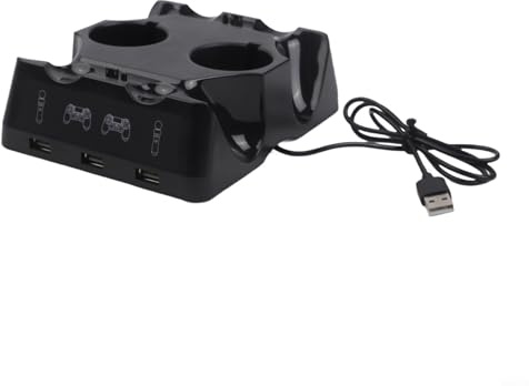 4-in-1 Charging Station For PS4 Move And VR Controllers,Fast Dual Dock LED Indicators,Compact ABS Charger Stand For Gaming Setup,Black