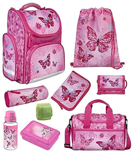 Familando Schulranzen 1. Klasse · ergonomischer Tornister · Schultasche für Jungen und Mädchen (9-teiliges Set mit Sporttasche, Butterfly Schmetterlinge Pink)