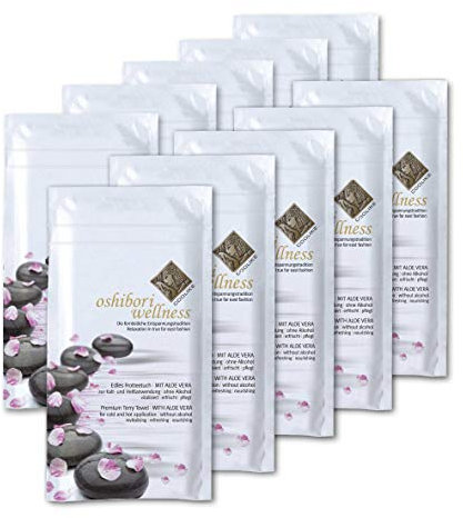 Coolike Oshibori Wellnesstücher | Frotteetücher zur Erfrischung | 10 Stück im hygienischen Einzelsachet mit Zipp-Verschluss