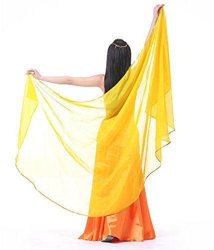 SHOWYOU Leichter halbrunder Chiffon-Handschal, Bauchtanz-Kostüm, Outfit, Hüftschal, Paillettenbesatz, Schal, Schleier, gelb, 98.43 x 47.24 inch