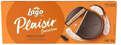 Lago 1968, Plaisir Rondò Cocco 98g, Deliziosi Biscotti al Cocco Ricoperti di Cioccolato Fondente e Ripieni di una Friabile Cialda Wafer e Crema al Cocco