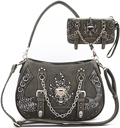 Punk Gothic Rock Metallic Totenkopf Kette Geldbörse Skelett Leder Schultertasche Crossbody Bag Satchel Frauen Handtasche Geldbörse Set, Graues Set, Einheitsgröße