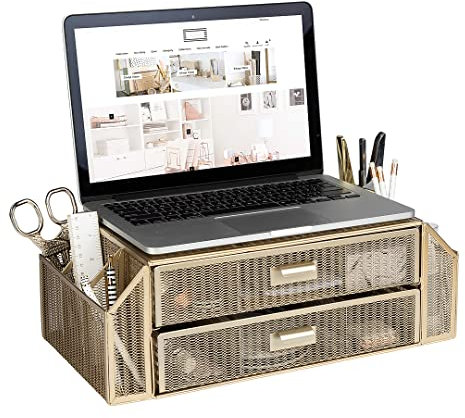 BLU MONACO Supporto per monitor con cassetto, supporto per monitor e computer con contenitore, supporto per computer portatile per scrivania con portaoggetti organizer per computer portatili con