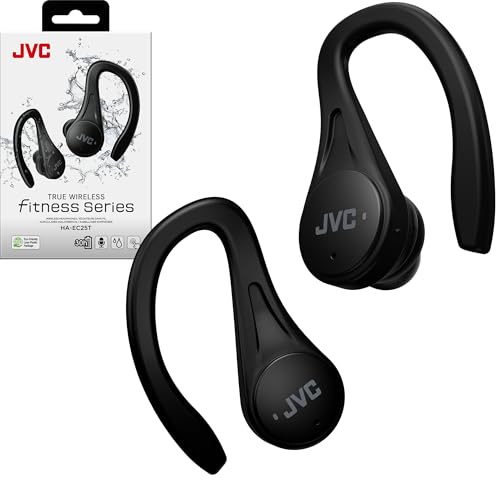JVC Sport True Wireless Earbuds Headphones, Lightweight and Compact, Long Battery Life (up to 30 Hours), High Quality Sound with Neodymium Magnet Driver, Water Resistance (IPX5) - HAEC25TB (Black)