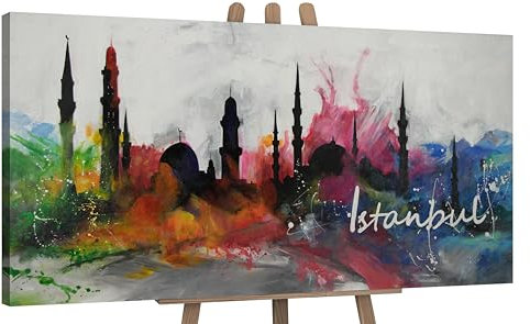 YS-Art Abstrakt Design Acryl Gemälde auf Leinwand Istanbul handgemalt Wandbilder Wohnzimmer modern Wohndekor Bilder Büro farbenfrohe echte Kunst 140x70 cm