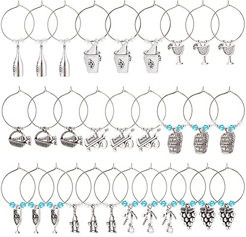 BENECREAT 240Pcs Tibetan Style Alloy Wine Glass Charms, Wine Bottle Theme Markers Tags with Hoop Earing Findings and Beads for Party Favors Decoration Gathering