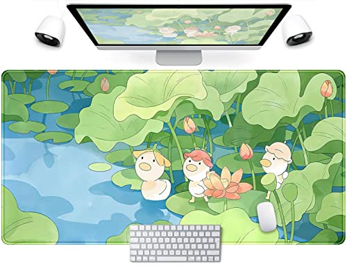 Green Cute Anime Desk Mat Kawaii Cartoon Ducks Gaming Mouse Pad XXL Large Anime Girl Gamer Mousepad Women Office Decor Desk Pad Aesthetic Lotus Leaf Laptop Keyboard Pad Computer Mat 31.5x15.75 in