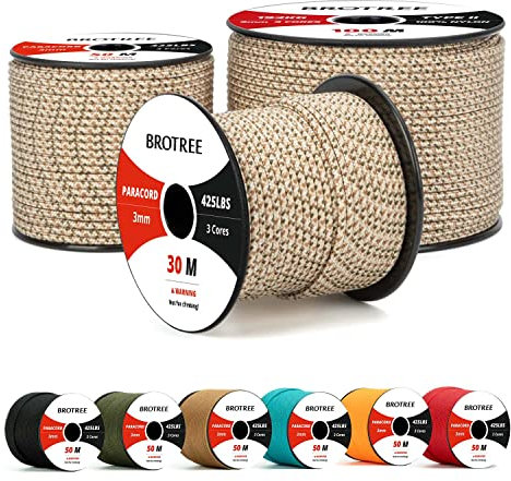 Brotree Paracord 3mm 30M Cuerda 100% Nylon Tipo II 3 Hebras Cuerda Paracord 425 para Exterior, Bricolaje - 192 kg Carga de Rotura (Camuflaje Arena)