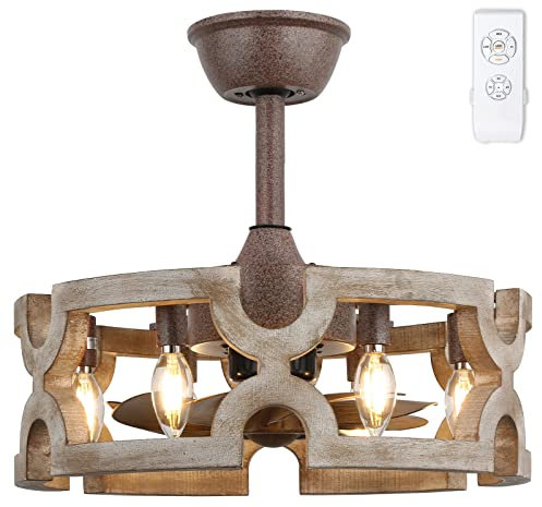 CICIYIG Ceiling Fans with Lights, 46cm Fan Lights Ceiling Bedroom Ceiling Fan Light Fandelier Rustic Boho Wood Chandelier Fan Fixtures Vintage Ceiling Fans with Lamps and Reomte Dining Room E14 Base
