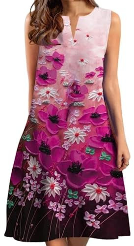 Ocean Plus Femme Robe d'été Mi-Longue Décontractée Col en V sans Manches Grande Taille (L, Peinture à l’Huile Rose-Rouge)