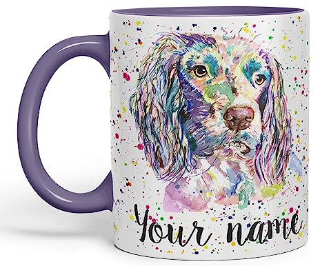 Vixar Personalised with Your Text Spaniel Springer Dog Pet Animals Watercolour Art Coloured Ceramic Mug Cup Gift 330ml 11oz Custom Work Office Tea Coffee (O2) (Purple)