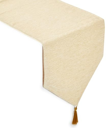 Encasa XO Tischläufer, Fein Chenille, Mit Quasten 13x59 Creme | Esstisch 4 seater | V-Ende mit Eleganten Quasten | Weiche Chenille Qualität | Maschinenwaschbar