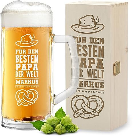polar-effekt 2-TLG Geschenk-Set Bierkrug 0,5 L aus Glas und Holzkiste mit Gravur - Männergeschenk für Papa und Opa - zum Geburtstag, Vatertag und Jubiläum - Bierglas mit Name - spülmaschinenfest