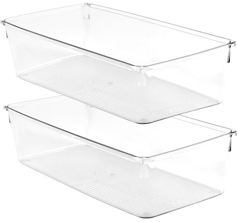 Amtido Drawer Organiser Tray Set - Clear Plastic Containers for Kitchen Utensils, Cosmetics, Food, and Stationery - Use in Drawers, Cupboards, Fridge, and Countertops (2 Pack - 15.2 x 30.5 x 8.3)