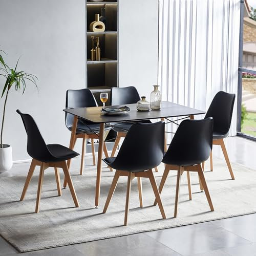 H.J WeDoo - Juego de mesa de comedor y 6 sillas, mesa de comedor rectangular de 110 cm, apto para comedor, cocina, salón | negro mesa+negro sillas