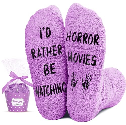 HAPPYPOP Funny Women Horror Movie Socks Women Halloween Socks, Novelty Horror Movie Gifts Scary Movie gifts Movie Lover Purple, Horror Movie Purple, M
