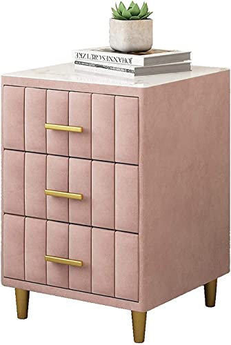 Großer Nachttisch mit Aufbewahrung, Arbeitsplatte aus nordischem Flanell-Marmor, Nachttisch aus Holz, Aufbewahrungsschubladen mit 3 goldenen Metallgriffen, Metallbeine (Farbe: Rosa)