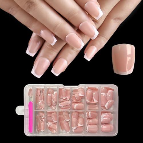 ZAHRVIA Nails Tips 120Pcs Short Coffin French Press on Nails, Nude Soft Gel Fake Nails for Nail Extension Easy DIY