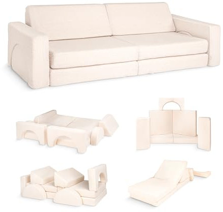 MKS Spielsofa Kindersofa aus Schaumstoff Bausteine - für Kinder & Kuschelecke im Kinderzimmer | Bestehend aus 10 Teilen für den Schlafbereich und das Spielzimmer (Teddybeige)