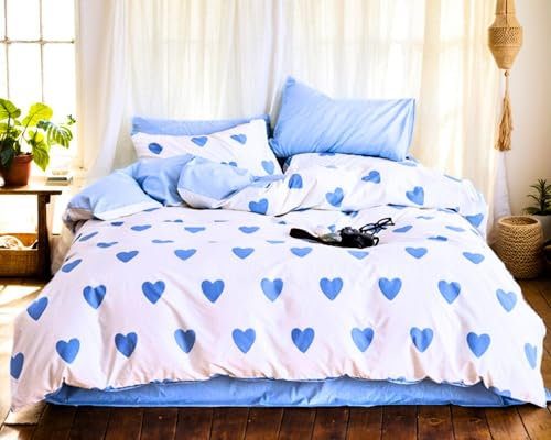 Menkala Herz Bettwäsche 200x220 Weiß Blau Aesthetic Herzen Bettwäsche Set 3 Teilig Bunte Herzchen Bettbezug Renforce Microfaser Bügelfrei Herzbettwäsche mit Reißverschluss und 2 Kissenbezug 80x80